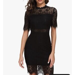 Zalalus Womens Elegant High Neck Short Sleeve Lace Black Dress Sz 12 Holiday NWT
